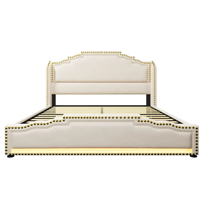 Lit double beige rembourré captionné royal avec éclairage LED et 4 tiroirs 140*200cm STOCZUTS DOUBLE BEIGE