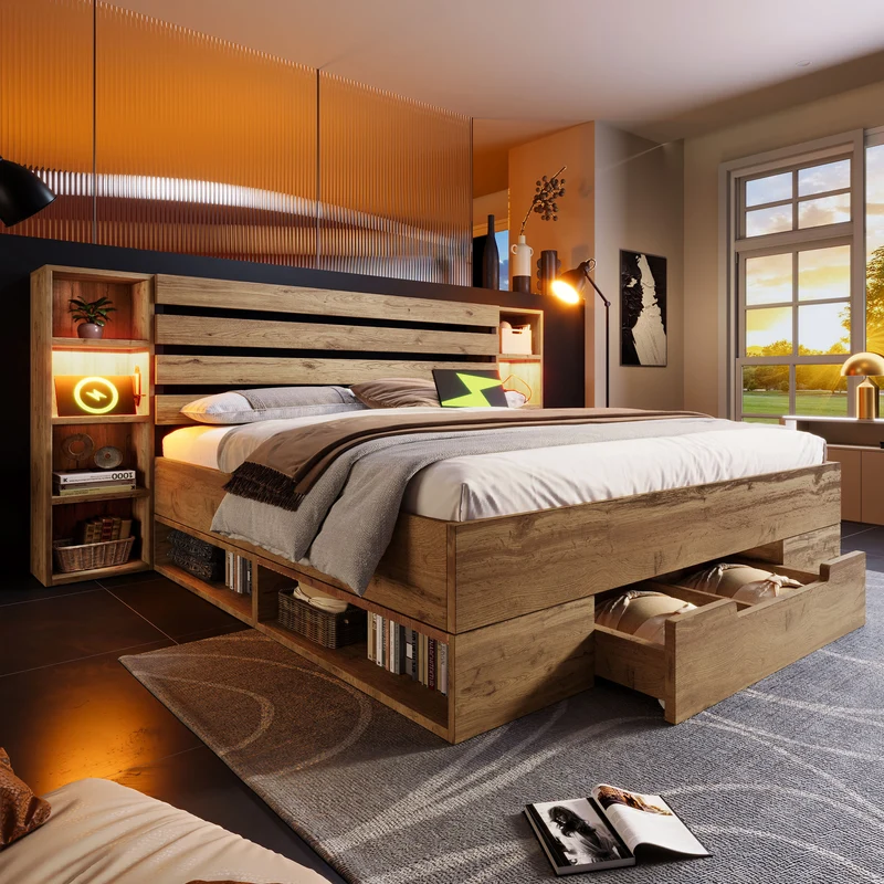 Lit double en bois massif chêne avec éclairage LED étagères et tiroirs rangement prise USB C 160×200cm (sans matelas) IESSAES QUEEN