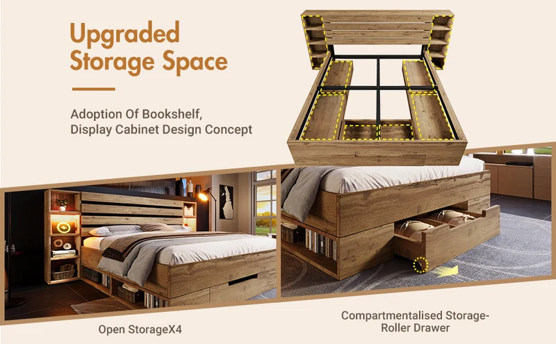 Lit double en bois massif chêne avec éclairage LED étagères et tiroirs rangement prise USB C 160×200cm (sans matelas) IESSAES QUEEN