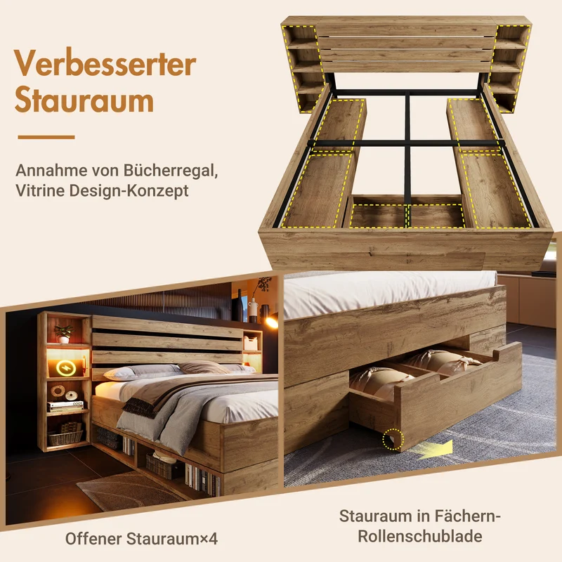 Lit double en bois massif chêne avec éclairage LED étagères et tiroirs rangement prise USB C 160×200cm (sans matelas) IESSAES QUEEN