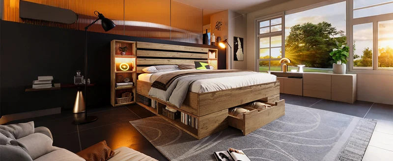 Lit double en bois massif chêne avec éclairage LED étagères et tiroirs rangement prise USB C 160×200cm (sans matelas) IESSAES QUEEN