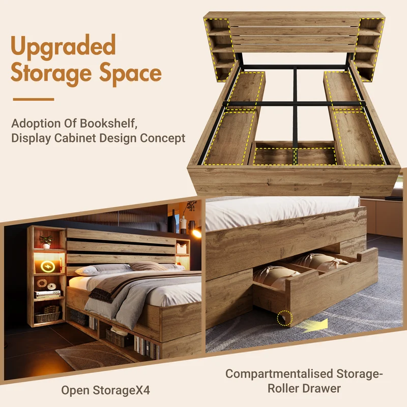 Lit double en bois massif chêne avec éclairage LED étagères et tiroirs rangement prise USB C 160×200cm (sans matelas) IESSAES QUEEN