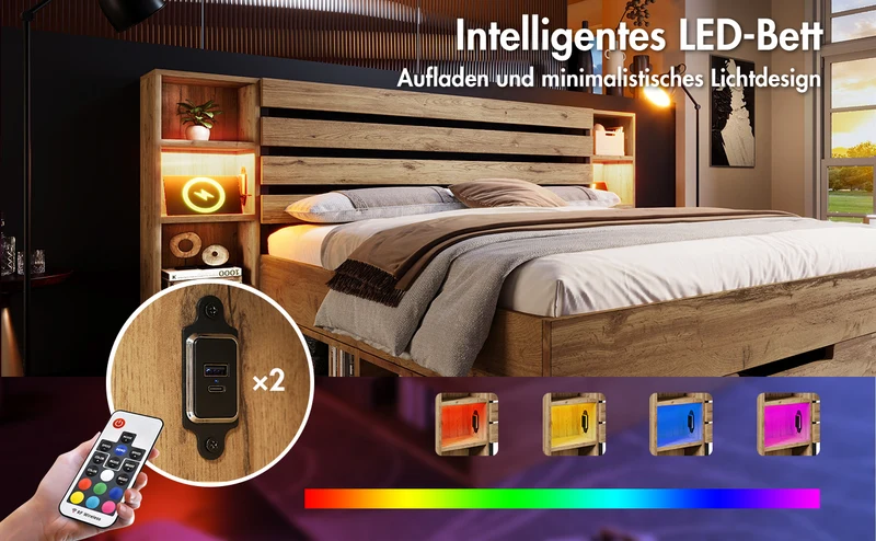 Lit double en bois massif chêne avec éclairage LED étagères et tiroirs rangement prise USB C 160×200cm (sans matelas) IESSAES QUEEN