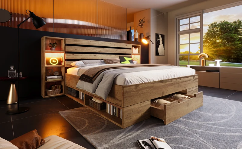 Lit double en bois massif chêne avec éclairage LED étagères et tiroirs rangement prise USB C 160×200cm (sans matelas) IESSAES QUEEN