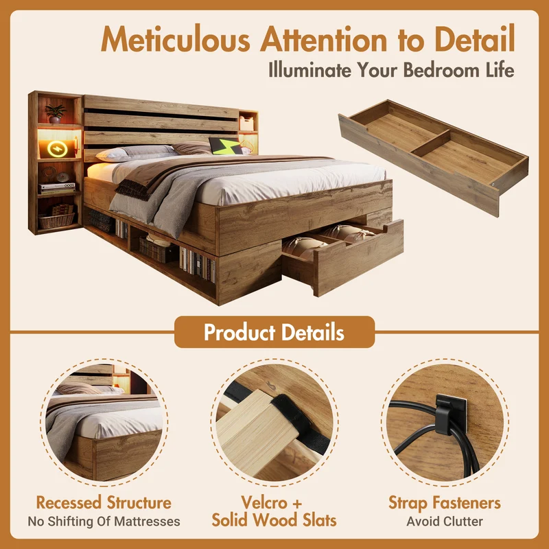 Lit double en bois massif chêne avec éclairage LED étagères et tiroirs rangement prise USB C 160×200cm (sans matelas) IESSAES QUEEN