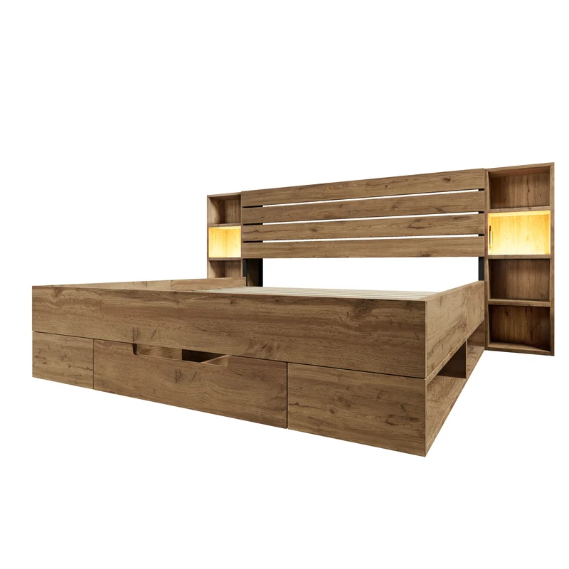 Lit double en bois massif chêne avec éclairage LED étagères et tiroirs rangement prise USB C 160×200cm (sans matelas) IESSAES QUEEN