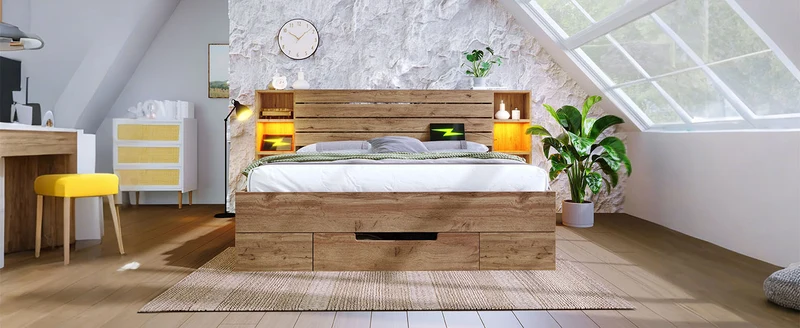 Lit double en bois massif chêne avec éclairage LED étagères et tiroirs rangement prise USB C 160×200cm (sans matelas) IESSAES QUEEN