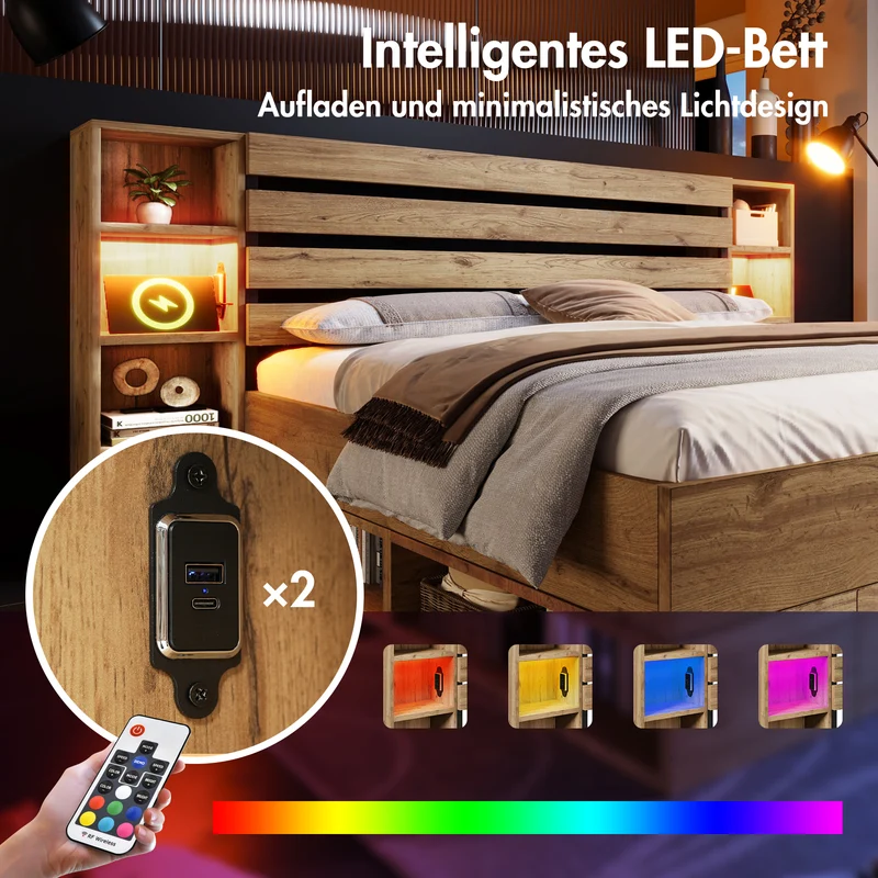 Lit double en bois massif chêne avec éclairage LED étagères et tiroirs rangement prise USB C 160×200cm (sans matelas) IESSAES QUEEN