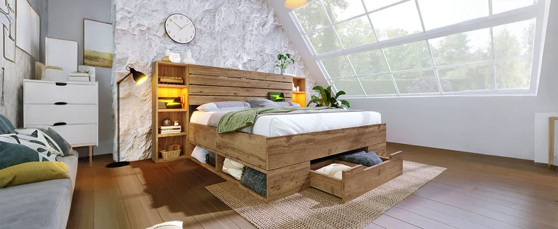 Lit double en bois massif chêne avec éclairage LED étagères et tiroirs rangement prise USB C 160×200cm (sans matelas) IESSAES QUEEN