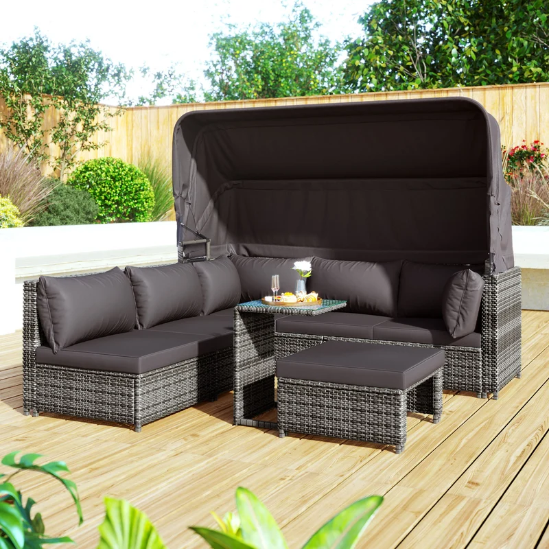 Ensemble de salon de jardin, canapé avec auvent amovible, tabouret, fauteuils et table sièges en rotin avec îlot de soleil, gris NIRKAX