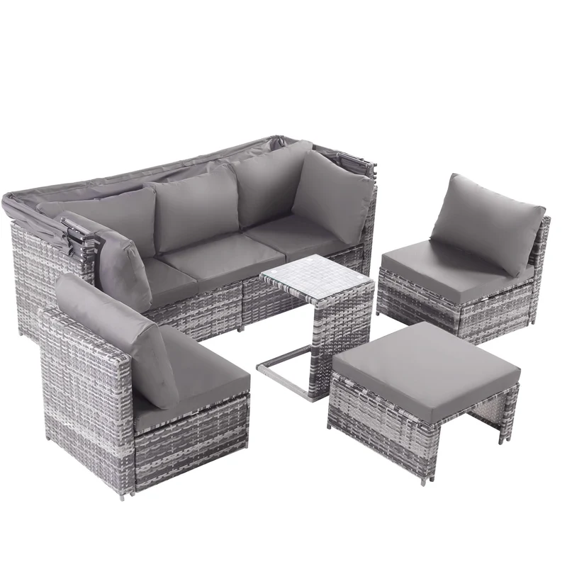 Ensemble de salon de jardin, canapé avec auvent amovible, tabouret, fauteuils et table sièges en rotin avec îlot de soleil, gris NIRKAX