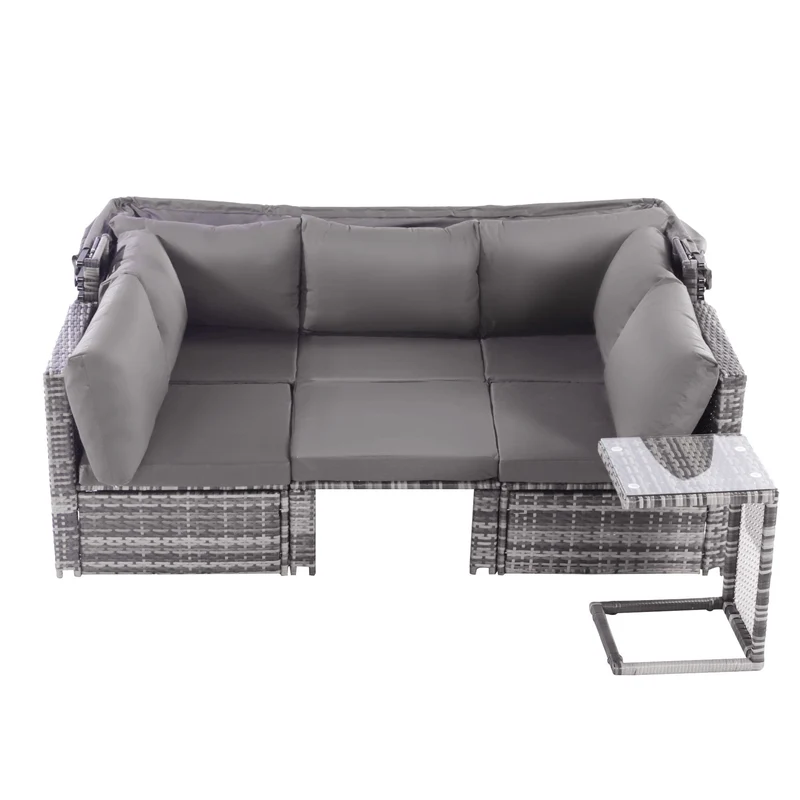 Ensemble de salon de jardin, canapé avec auvent amovible, tabouret, fauteuils et table sièges en rotin avec îlot de soleil, gris NIRKAX