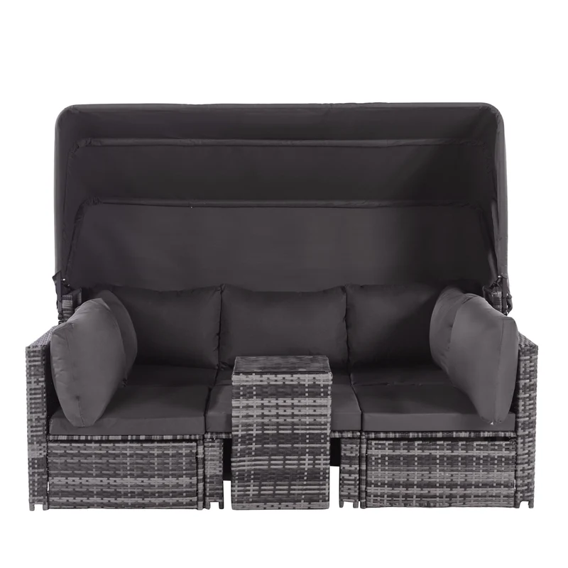 Ensemble de salon de jardin, canapé avec auvent amovible, tabouret, fauteuils et table sièges en rotin avec îlot de soleil, gris NIRKAX
