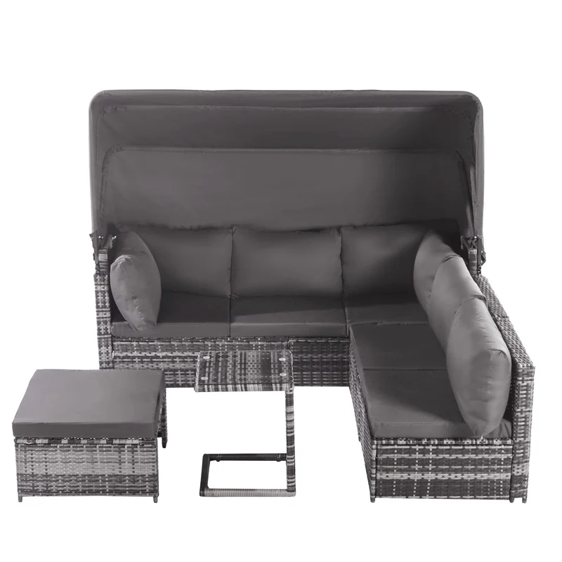 Ensemble de salon de jardin, canapé avec auvent amovible, tabouret, fauteuils et table sièges en rotin avec îlot de soleil, gris NIRKAX