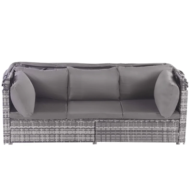 Ensemble de salon de jardin, canapé avec auvent amovible, tabouret, fauteuils et table sièges en rotin avec îlot de soleil, gris NIRKAX