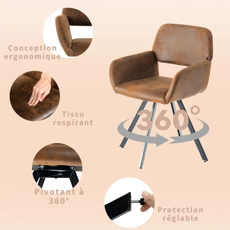 Lot de 4 chaises de salle à manger vintage pivotant tissu suède marron CALIFORNIA KD SUEDE BROWN SWIVEL X2
