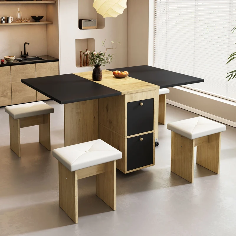 Ensemble table à manger table extensible pliante effet chêne rangement avec 4 tabourets blancs 120*80*75cm KONQRILS