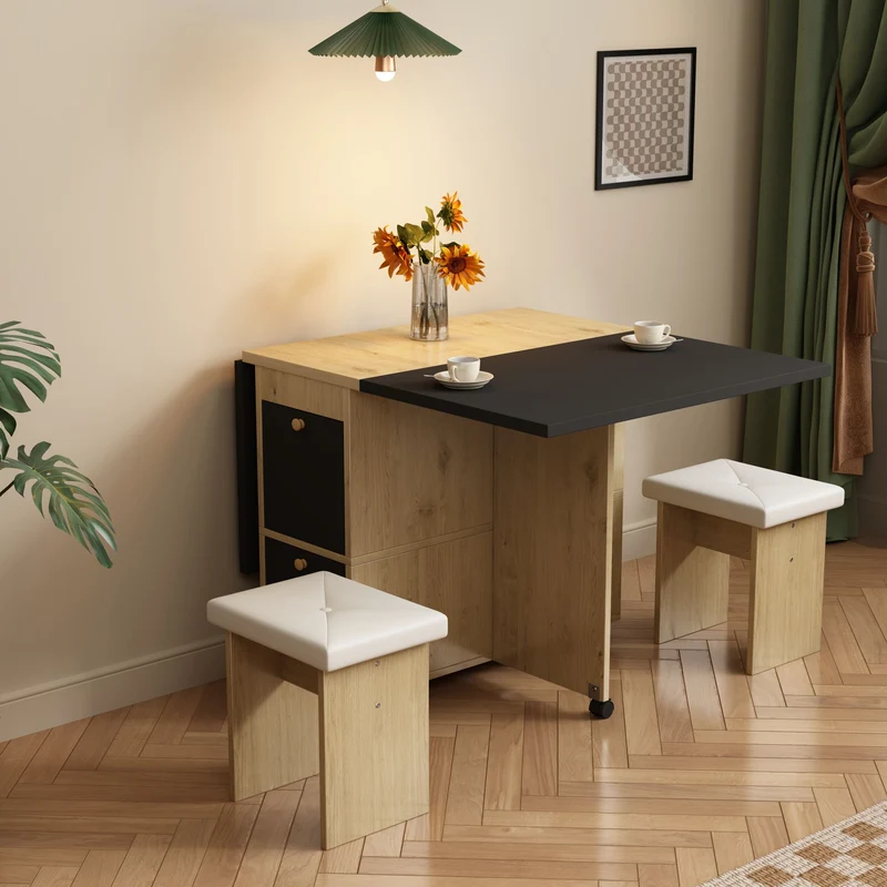 Ensemble table à manger table extensible pliante effet chêne rangement avec 4 tabourets blancs 120*80*75cm KONQRILS