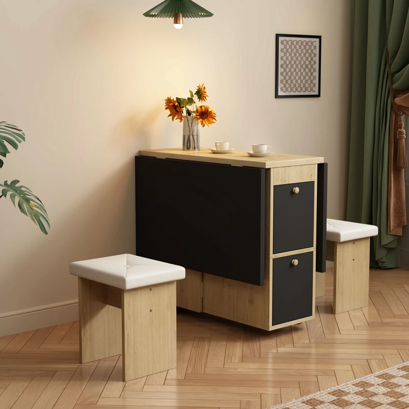 Ensemble table à manger table extensible pliante effet chêne rangement avec 4 tabourets blancs 120*80*75cm KONQRILS