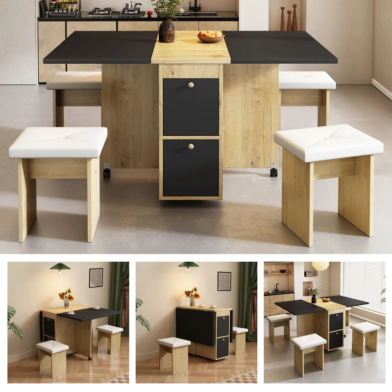 Ensemble table à manger table extensible pliante effet chêne rangement avec 4 tabourets blancs 120*80*75cm KONQRILS