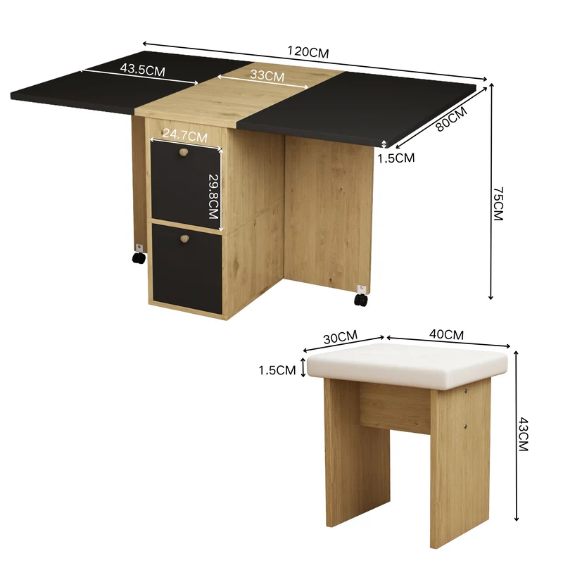Ensemble table à manger table extensible pliante effet chêne rangement avec 4 tabourets blancs 120*80*75cm KONQRILS