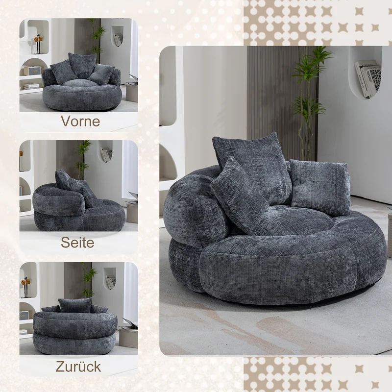 Canapé chauffeuse fauteuil rond en velours chenille gris fauteuil lounge HORNWORTNEEDLE
