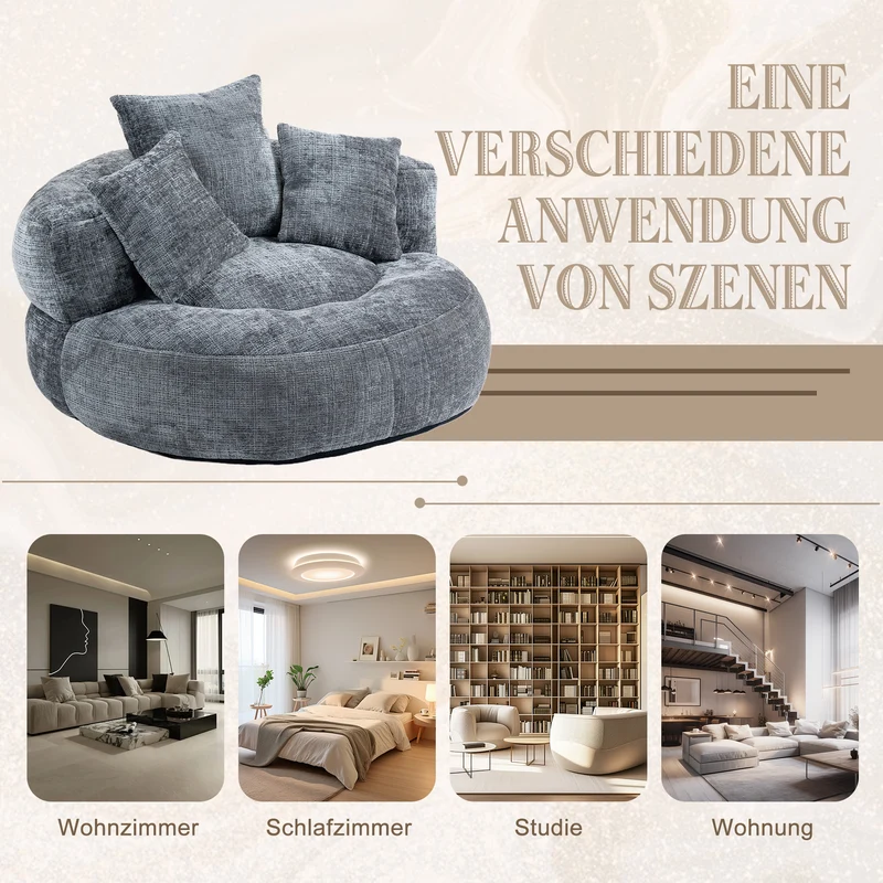 Canapé chauffeuse fauteuil rond en velours chenille gris fauteuil lounge HORNWORTNEEDLE
