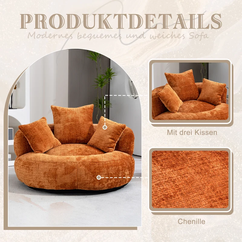 Canapé chauffeuse fauteuil rond en velours chenille orange fauteuil lounge RAYWING