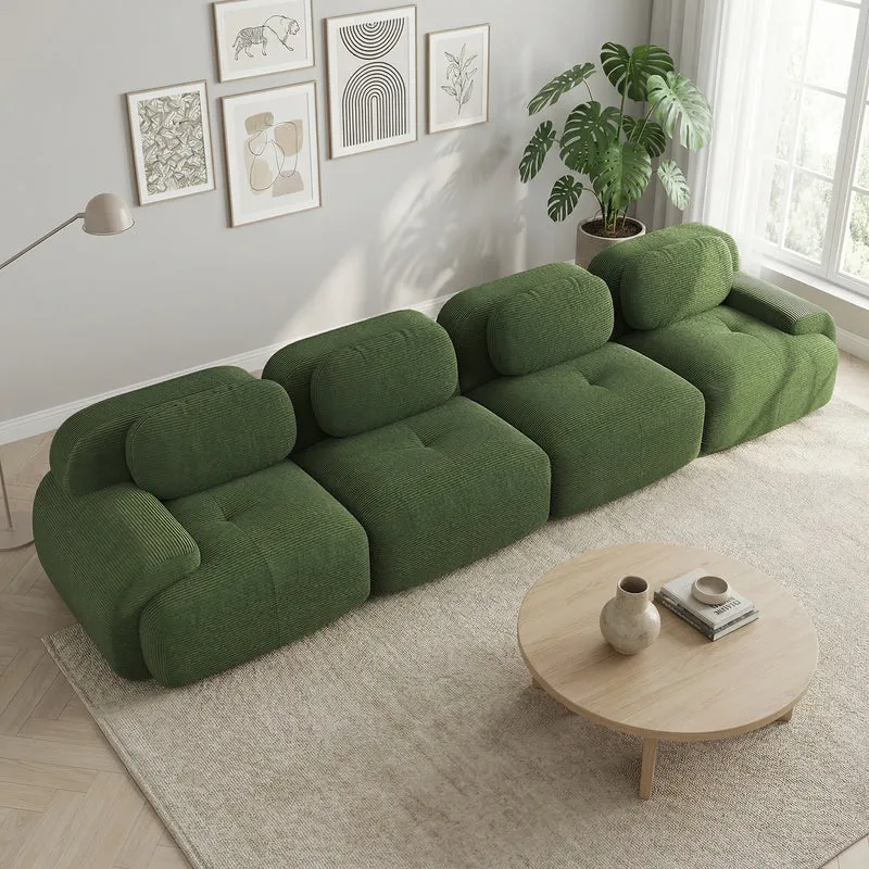 Grand canapé 4 places modulable en velours côtelé vert kaki avec accoudoirs courbés, confort premium, sans montage VANE