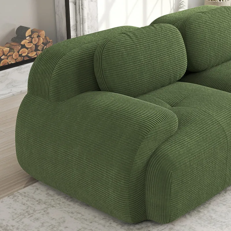 Grand canapé d'angle 4 places modulable en velours côtelé vert kaki avec accoudoirs courbés, sans montage GANOID