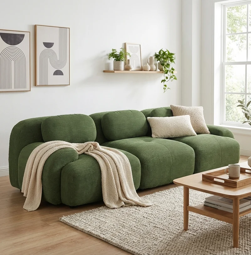 Canapé 3 places modulable en velours côtelé vert kaki et accoudoirs courbés, sans montage MERISTEM