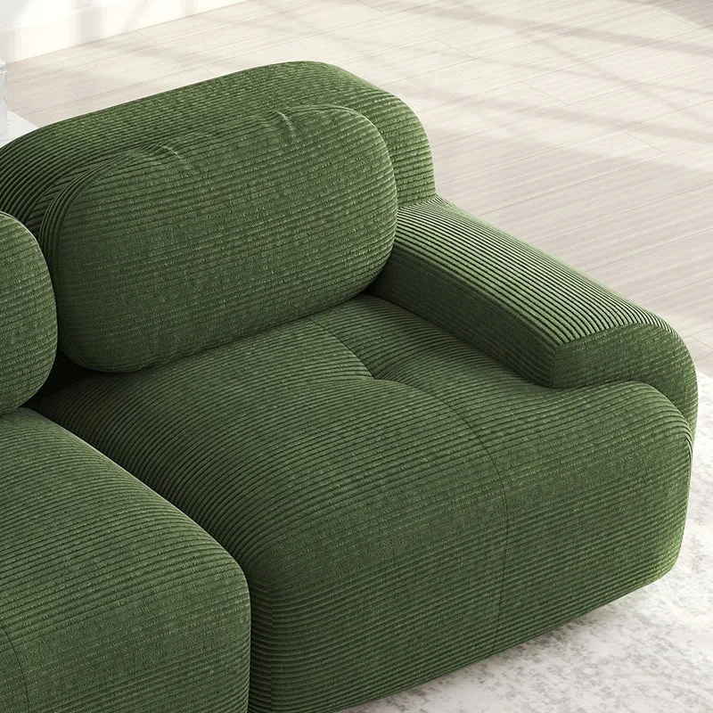 Grand canapé d'angle 4 places modulable en velours côtelé vert kaki avec accoudoirs courbés, sans montage GANOID