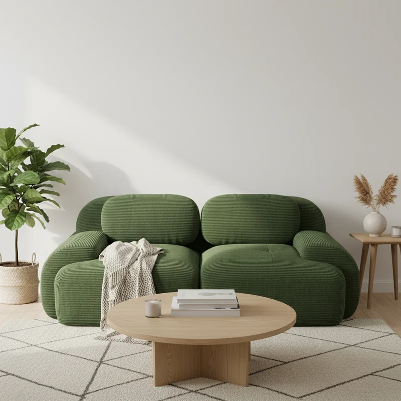 Canapé 2 places loveseat modulable en velours côtelé vert kaki avec accoudoirs courbés, confort premium, sans montage WRINKLECREST