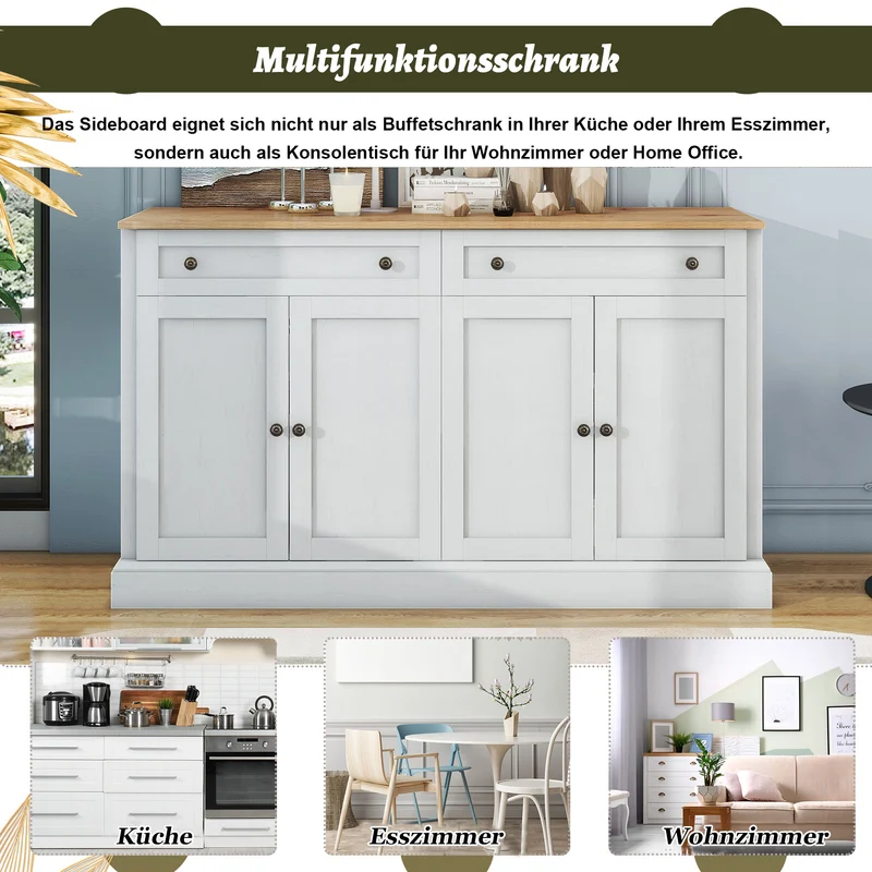 Grand buffet blanc et effet bois 4 portes et 2 tiroirs SULFUR