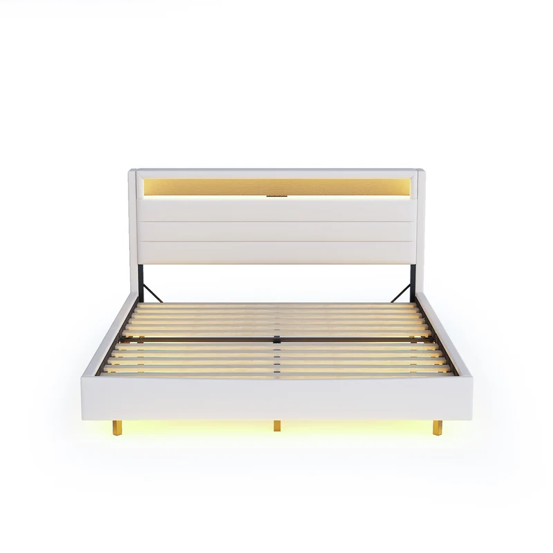 Lit double tissu beige avec rangement tête de lit, prises USB et éclairage LED intégré 140x200cm (matelas non inclus) BIOMASS