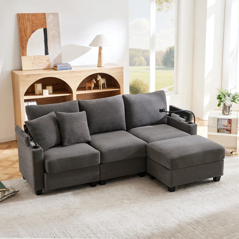 Canapé d'angle modulable velours côtelé gris, 3-4 places avec pouf amovible, ports USB et porte-gobelets GEYSERFOUNT