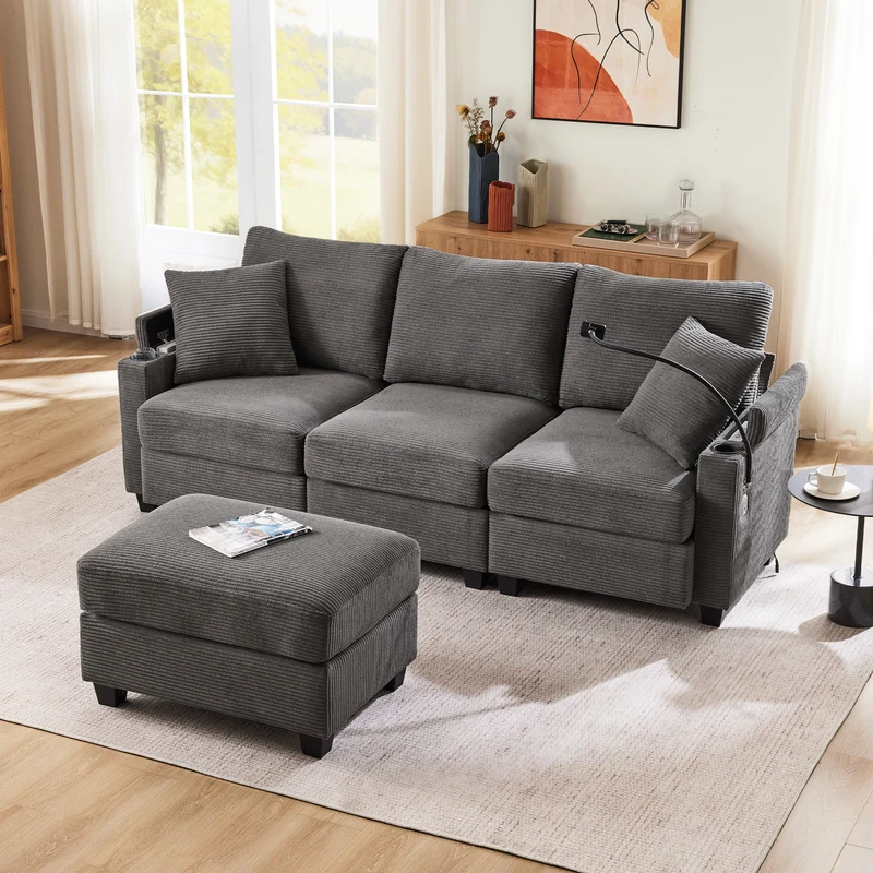 Canapé d'angle modulable velours côtelé gris, 3-4 places avec pouf amovible, ports USB et porte-gobelets GEYSERFOUNT