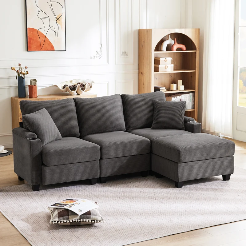 Canapé d'angle modulable velours côtelé gris, 3-4 places avec pouf amovible, ports USB et porte-gobelets GEYSERFOUNT