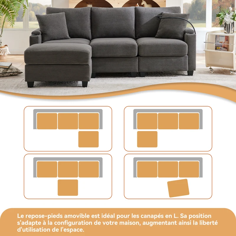 Canapé d'angle modulable velours côtelé gris, 3-4 places avec pouf amovible, ports USB et porte-gobelets GEYSERFOUNT
