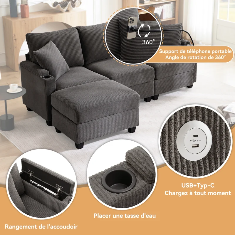 Canapé d'angle modulable velours côtelé gris, 3-4 places avec pouf amovible, ports USB et porte-gobelets GEYSERFOUNT