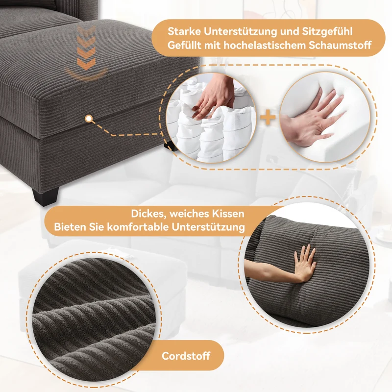 Canapé d'angle modulable velours côtelé gris, 3-4 places avec pouf amovible, ports USB et porte-gobelets GEYSERFOUNT
