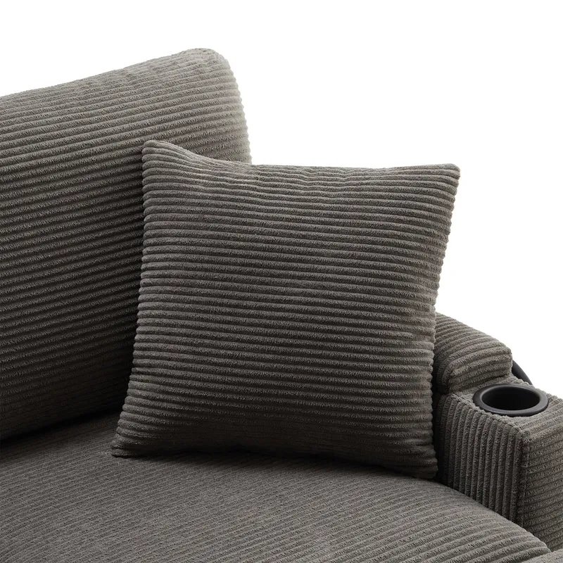 Canapé d'angle modulable velours côtelé gris, 3-4 places avec pouf amovible, ports USB et porte-gobelets GEYSERFOUNT