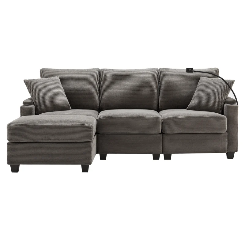 Canapé d'angle modulable velours côtelé gris, 3-4 places avec pouf amovible, ports USB et porte-gobelets GEYSERFOUNT