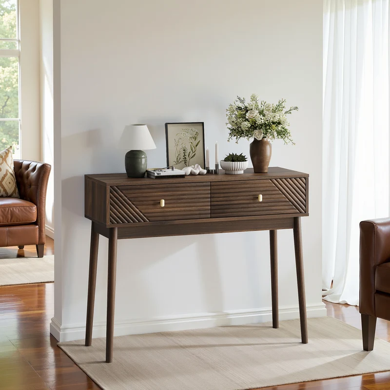 Console coiffeuse vintage avec 2 tiroirs et détails ondulés et dorés SILICABODY