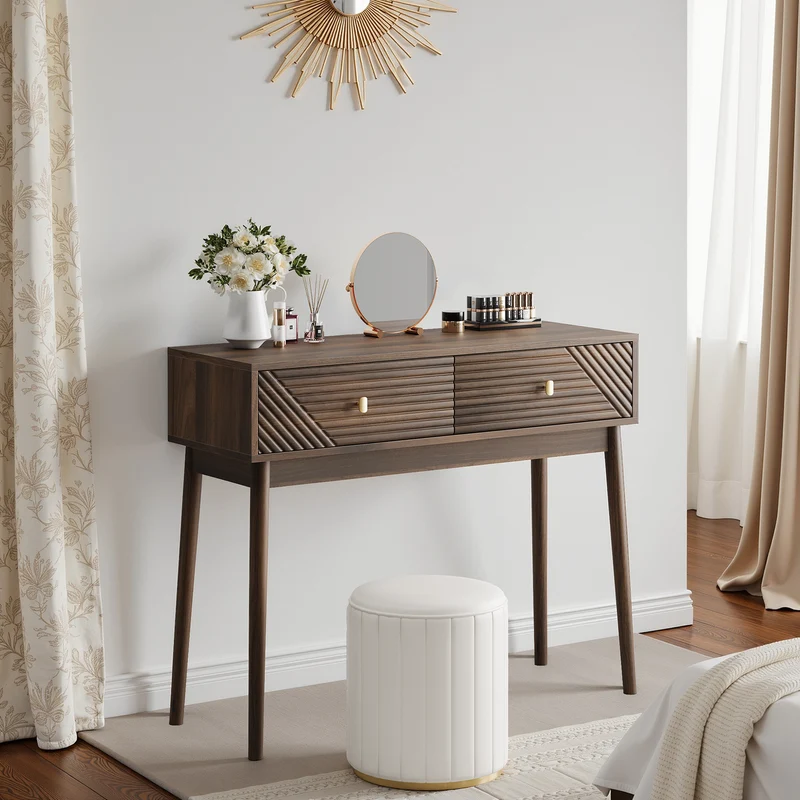 Console coiffeuse vintage avec 2 tiroirs et détails ondulés et dorés SILICABODY