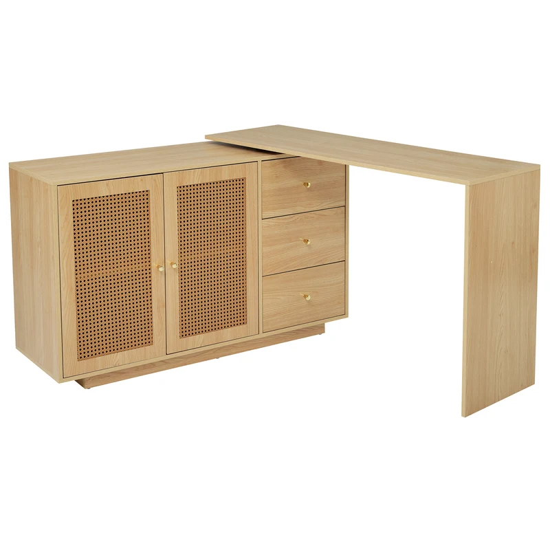 Bureau d'angle modulable plateau pivotant à 360° effet bois clair portes en rotin 3 tiroirs OBELISKSPIRE