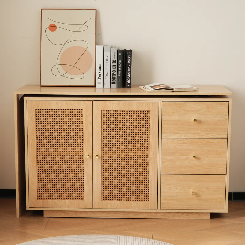 Bureau d'angle modulable plateau pivotant à 360° effet bois clair portes en rotin 3 tiroirs OBELISKSPIRE