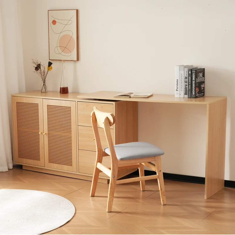 Bureau d'angle modulable plateau pivotant à 360° effet bois clair portes en rotin 3 tiroirs OBELISKSPIRE