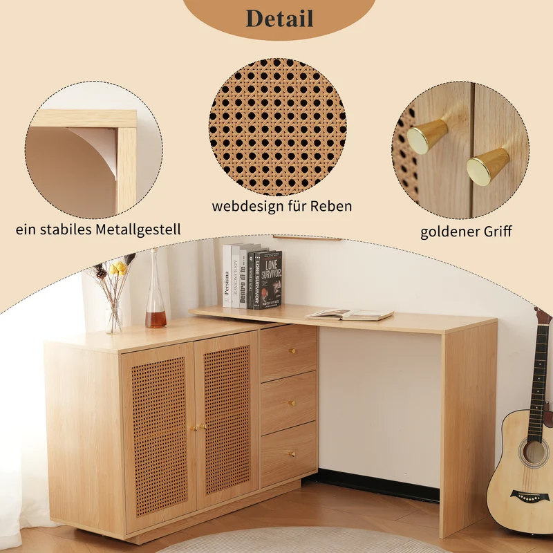 Bureau d'angle modulable plateau pivotant à 360° effet bois clair portes en rotin 3 tiroirs OBELISKSPIRE
