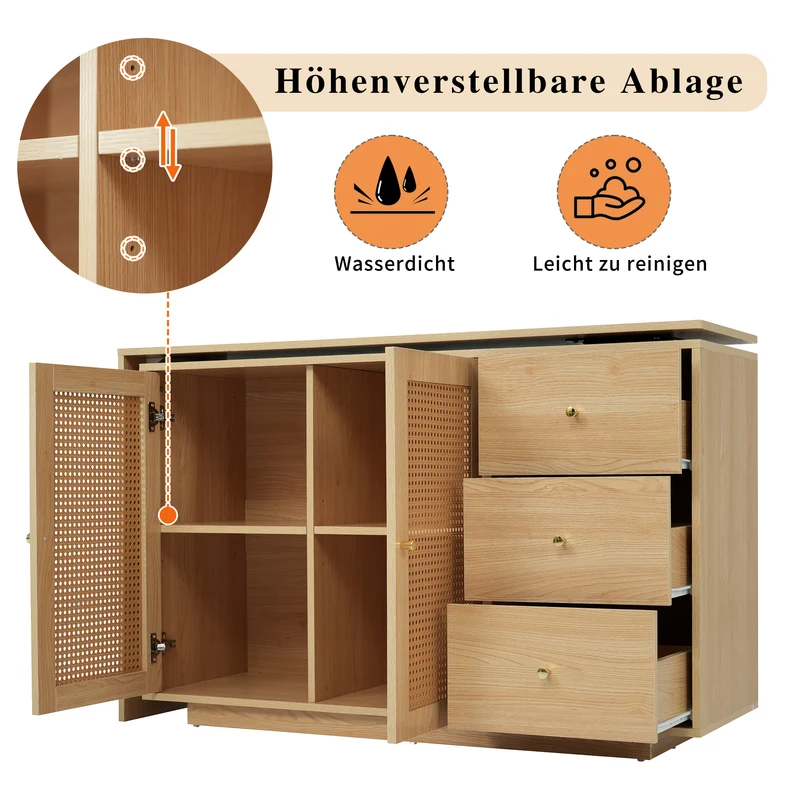 Bureau d'angle modulable plateau pivotant à 360° effet bois clair portes en rotin 3 tiroirs OBELISKSPIRE